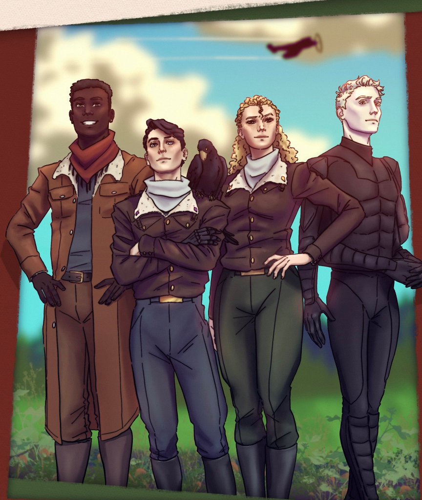 Digital art featuring four people, three of them in aviator jackets and one in a sci-fi type body suit. The one in the body suit is tall and pale, with four arms. Beside them is a tall blonde girl with curly hair. On her right is a smaller dark haired young man with a tiny black dinosaur on his shoulder. They are both wearing the same style of jacket. On the far left is a tall black young man wearing a duster.
