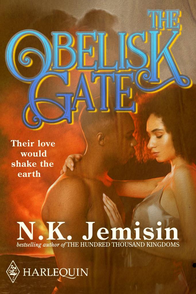 The Obelisk Gate by NK Jemisin (bestselling author of The Hundred Thousand Kingdoms). The caption reads "Their love would shake the earth." A couple, who really look nothing like I envision the main characters, embrace in front of a landscape on fire. I'm so sorry NK Jemisin please don't hate me forever I really loved this book.